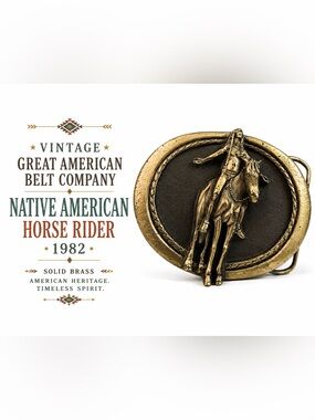 Vintage Great American Belt Co. Native American Horse Rider Brass Belt Buckle